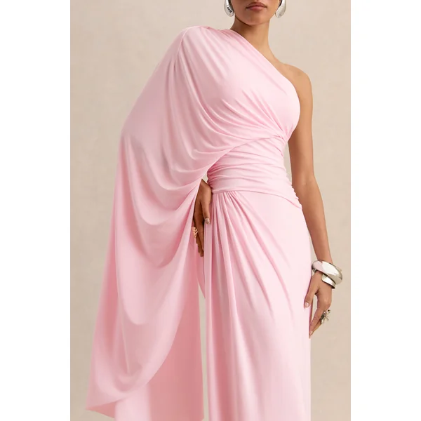 Sabella | Robe longue rose à encolure asymétrique