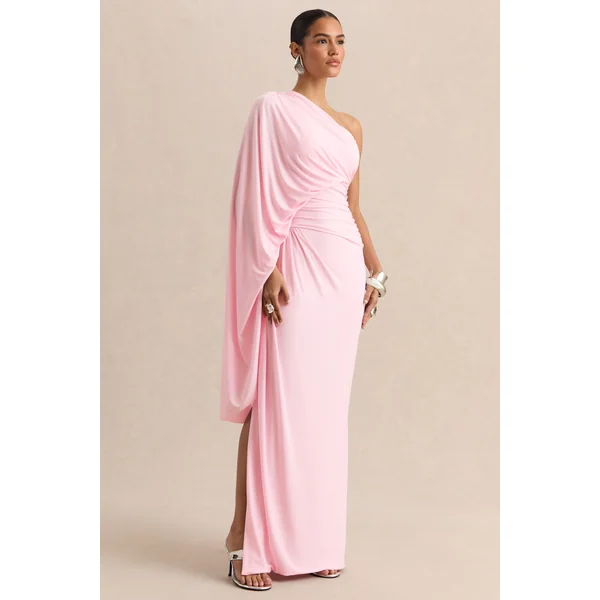 Sabella | Robe longue rose à encolure asymétrique
