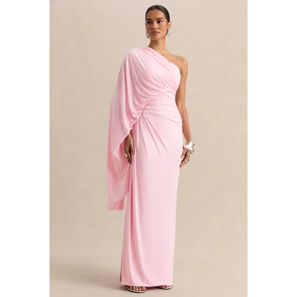 Sabella | Robe longue rose à encolure asymétrique