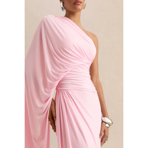 Sabella | Robe longue rose à encolure asymétrique