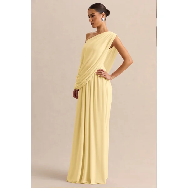 Sabianna | Robe longue citron à encolure asymétrique avec détails drapés