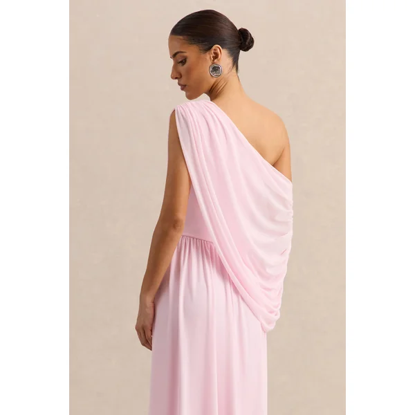 Sabianna | Robe longue rose à encolure asymétrique avec détails drapés
