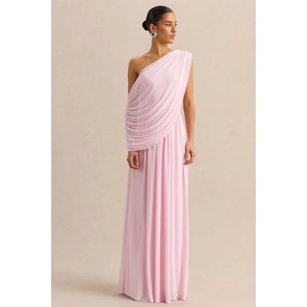 Sabianna | Robe longue rose à encolure asymétrique avec détails drapés