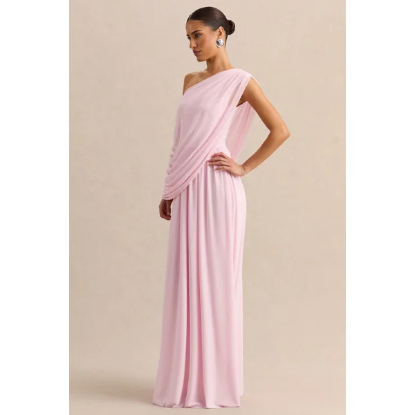 Sabianna | Robe longue rose à encolure asymétrique avec détails drapés