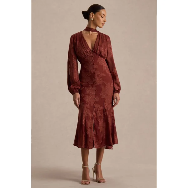 Sabina | Robe mi-longue en devoré rouille à décolleté plongeant