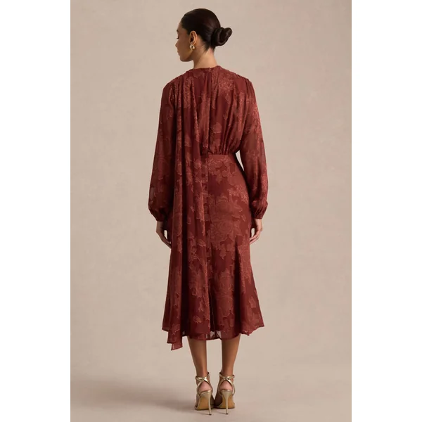 Sabina | Robe mi-longue en devoré rouille à décolleté plongeant