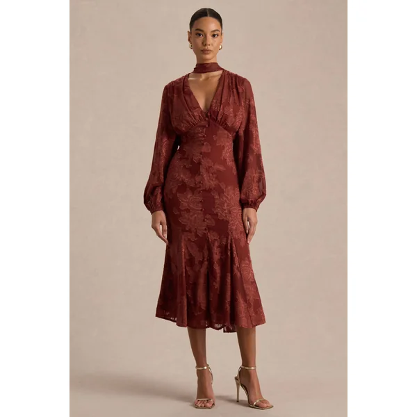 Sabina | Robe mi-longue en devoré rouille à décolleté plongeant
