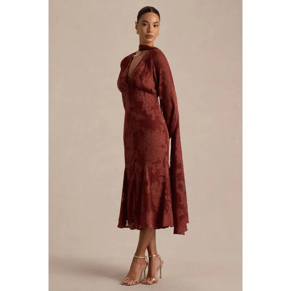 Sabina | Robe mi-longue en devoré rouille à décolleté plongeant