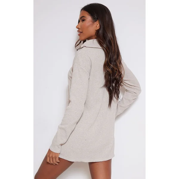 Sable Robe Synthétiquell Oversize Côtelée Col Montant Avec Demi-fermeture Éclair