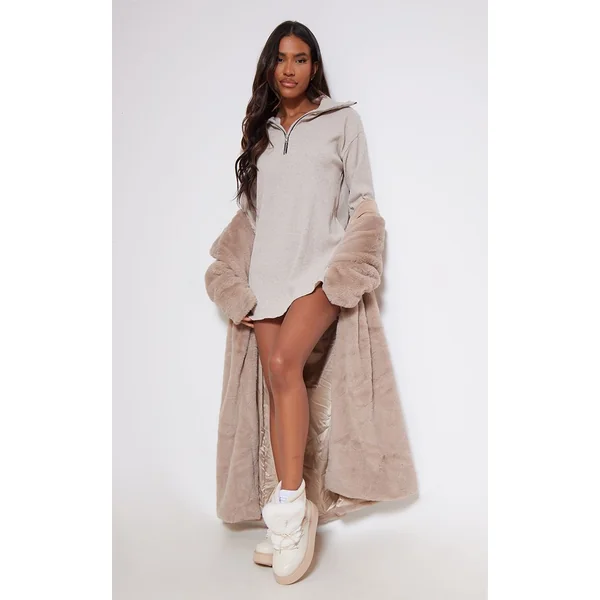 Sable Robe Synthétiquell Oversize Côtelée Col Montant Avec Demi-fermeture Éclair