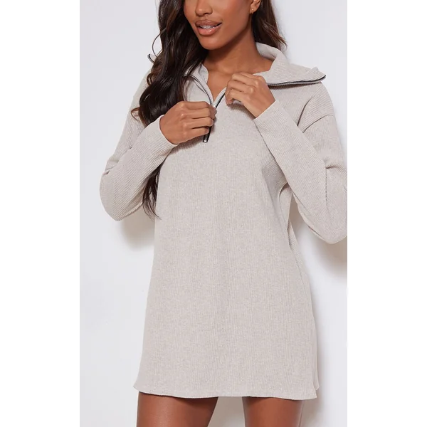 Sable Robe Synthétiquell Oversize Côtelée Col Montant Avec Demi-fermeture Éclair