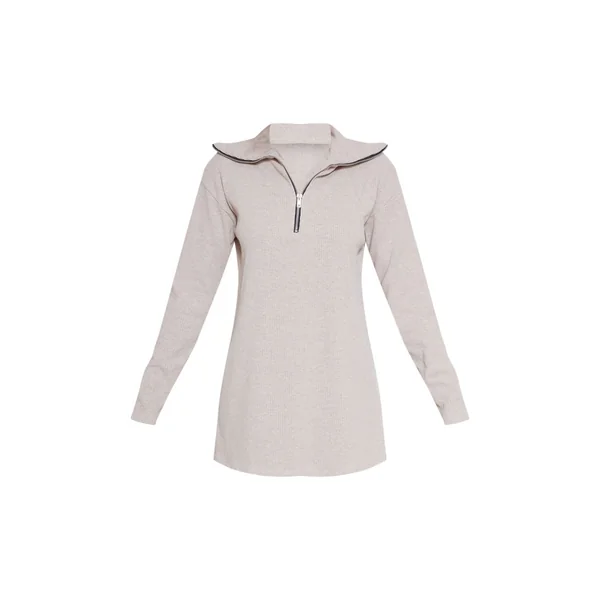 Sable Robe Synthétiquell Oversize Côtelée Col Montant Avec Demi-fermeture Éclair