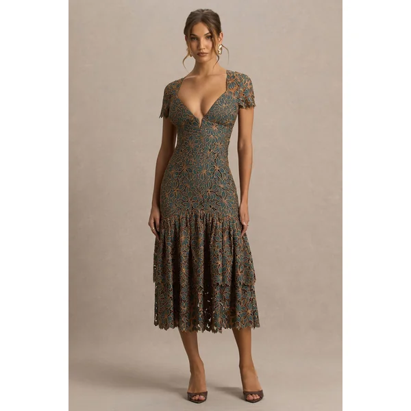Sabrina | Robe mi-longue vert foncé et rouille brodée à décolleté plongeant