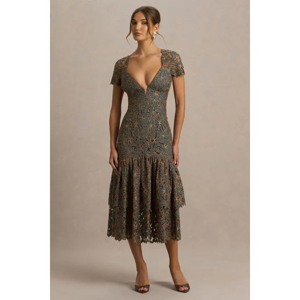 Sabrina | Robe mi-longue vert foncé et rouille brodée à décolleté plongeant