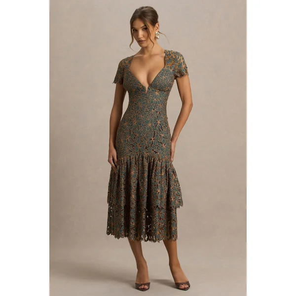 Sabrina | Robe mi-longue vert foncé et rouille brodée à décolleté plongeant