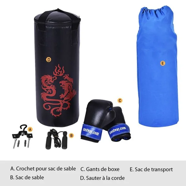 Sac de Boxe Sac de Frappe Kickboxing pour Enfant avec 2 Gants Corde à Sauter Chaîne Suspension