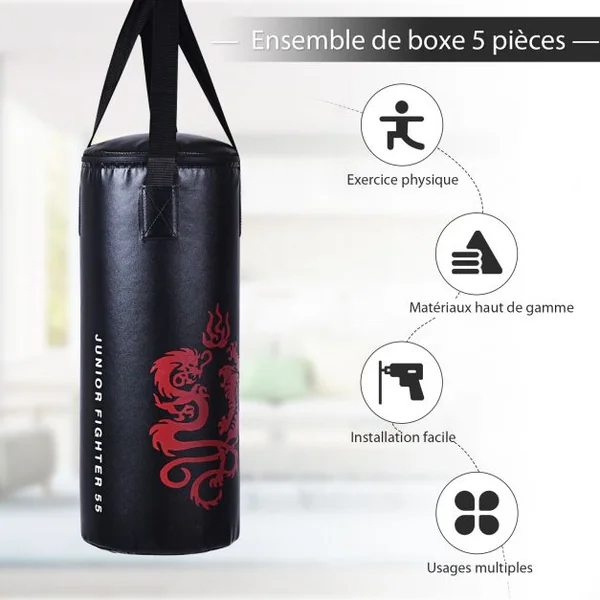 Sac de Boxe Sac de Frappe Kickboxing pour Enfant avec 2 Gants Corde à Sauter Chaîne Suspension