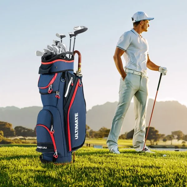 Sac de Club de Golf avec 14 Compartiments Séparés 8 Poches Capuche Anti-Pluie Bandoulière Sac Isotherme Léger en Nylon Marine