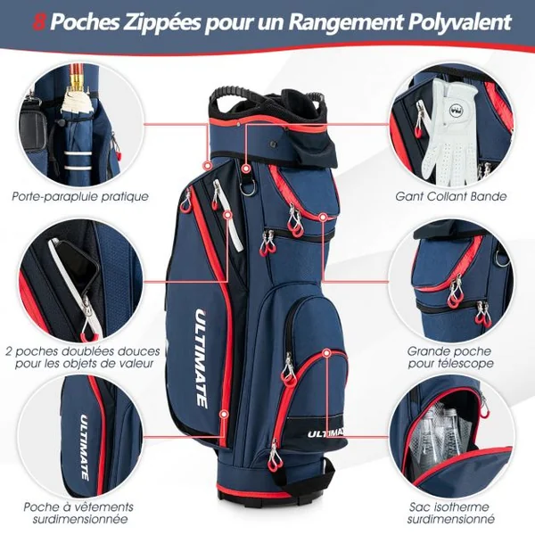 Sac de Club de Golf avec 14 Compartiments Séparés 8 Poches Capuche Anti-Pluie Bandoulière Sac Isotherme Léger en Nylon Marine