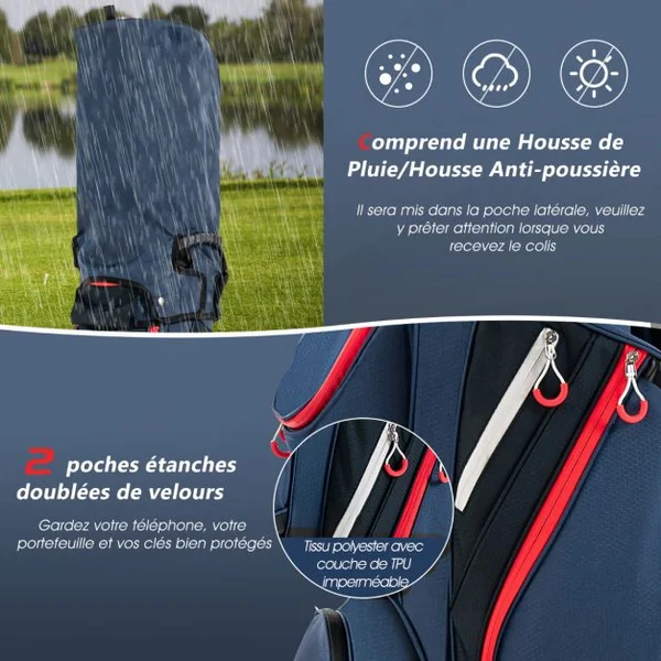 Sac de Club de Golf avec 14 Compartiments Séparés 8 Poches Capuche Anti-Pluie Bandoulière Sac Isotherme Léger en Nylon Marine