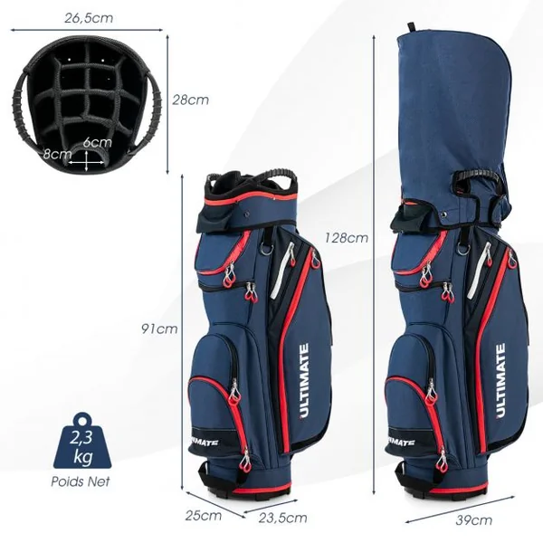 Sac de Club de Golf avec 14 Compartiments Séparés 8 Poches Capuche Anti-Pluie Bandoulière Sac Isotherme Léger en Nylon Marine