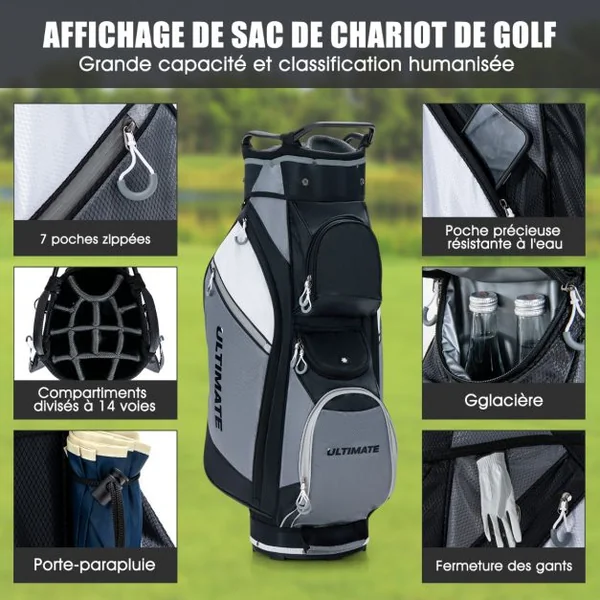 Sac de Club de Golf Portable avec 14 Compartiments Séparés 7 Poches Capuche Anti-pluie Double Sangle Sac Isotherme Nylon