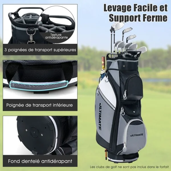 Sac de Club de Golf Portable avec 14 Compartiments Séparés 7 Poches Capuche Anti-pluie Double Sangle Sac Isotherme Nylon
