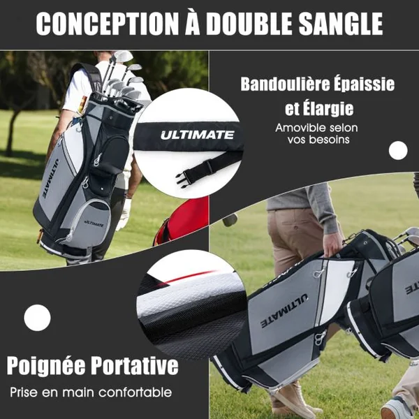 Sac de Club de Golf Portable avec 14 Compartiments Séparés 7 Poches Capuche Anti-pluie Double Sangle Sac Isotherme Nylon