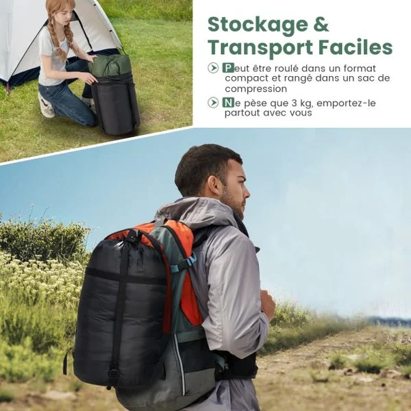 Sac de couchage pour 2 Personnes 2 Oreillers Résistant, Imperméable pour Voyages Camping 190x30x150cm Noir/Bleu/Vert