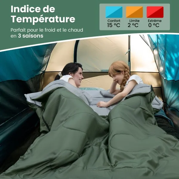 Sac de couchage pour 2 Personnes 2 Oreillers Résistant, Imperméable pour Voyages Camping 190x30x150cm Noir/Bleu/Vert