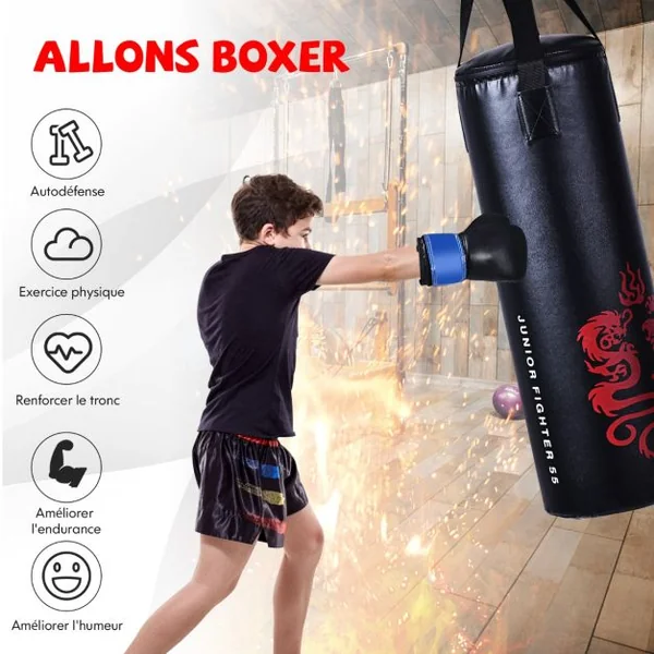 Sac de Frappe 18KG et 2 Gants pour Enfants avec Corde à Sauter Crochet de Plafond pour Boxe Entraînement Sparring Idéal Cadeau pour Enfants 6 Ans+