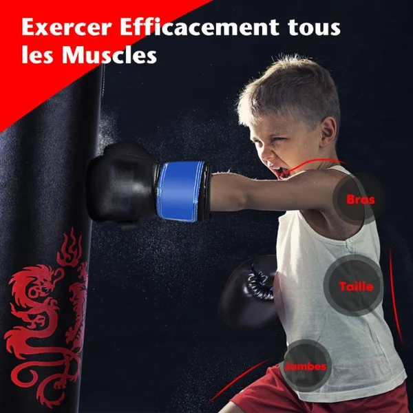 Sac de Frappe 18KG et 2 Gants pour Enfants avec Corde à Sauter Crochet de Plafond pour Boxe Entraînement Sparring Idéal Cadeau pour Enfants 6 Ans+
