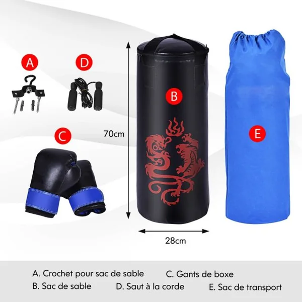 Sac de Frappe 18KG et 2 Gants pour Enfants avec Corde à Sauter Crochet de Plafond pour Boxe Entraînement Sparring Idéal Cadeau pour Enfants 6 Ans+