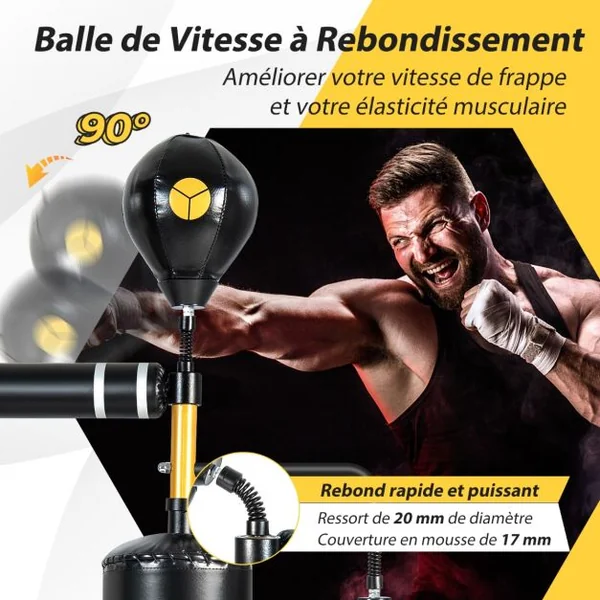 Sac de Frappe sur Pied Entraîneur de Vitesse en Boxe Barre Pivotante à 360° Punching Ball Hauteur Réglable 168-201cm pour MMA Adolescents & Adultes