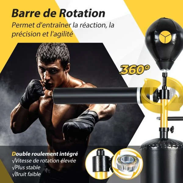 Sac de Frappe sur Pied Entraîneur de Vitesse en Boxe Barre Pivotante à 360° Punching Ball Hauteur Réglable 168-201cm pour MMA Adolescents & Adultes