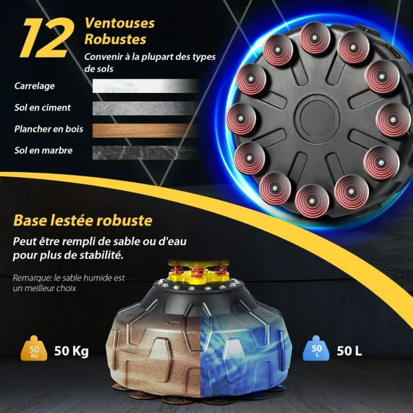 Sac de Frappe sur Pied Entraîneur de Vitesse en Boxe Barre Pivotante à 360° Punching Ball Hauteur Réglable 168-201cm pour MMA Adolescents & Adultes