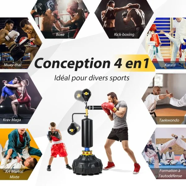 Sac de Frappe sur Pied Entraîneur de Vitesse en Boxe Barre Pivotante à 360° Punching Ball Hauteur Réglable 168-201cm pour MMA Adolescents & Adultes