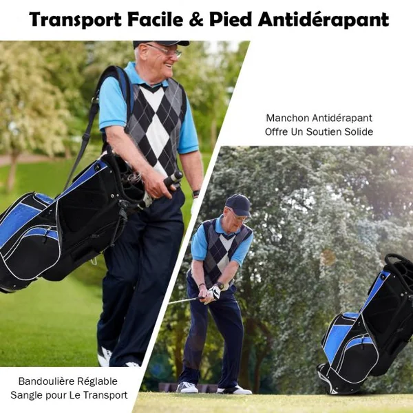 Sac de Golf Léger et Portable avec 5 Compartiments Poches Isothermes 7 Poches Bandoulière Porte-Ombrelle Noir et Bleu