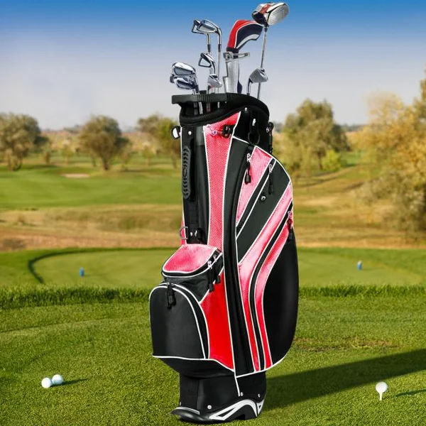 Sac de Golf Léger et Portable avec 5 Compartiments Poches Isothermes 7 Poches Bandoulière Porte-Ombrelle Noir et Rouge