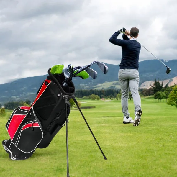 Sac de Golf Léger et Portable avec 5 Compartiments Poches Isothermes 7 Poches Bandoulière Porte-Ombrelle Noir et Rouge