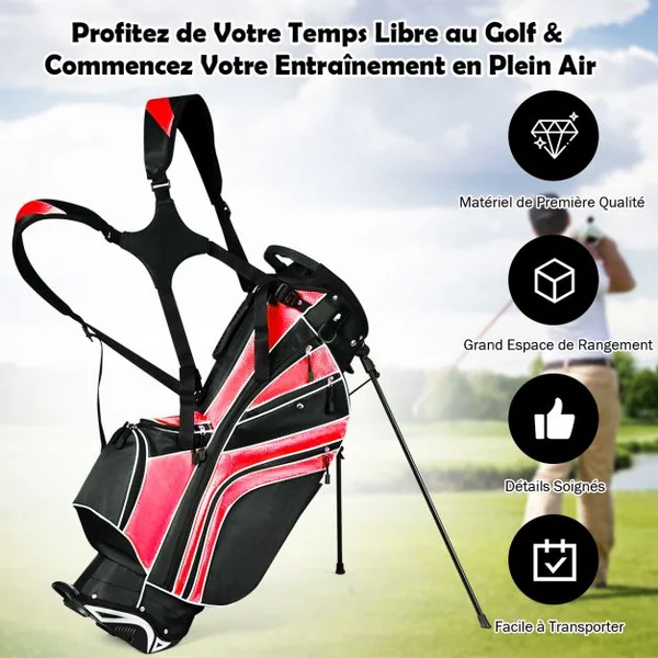 Sac de Golf Léger et Portable avec 5 Compartiments Poches Isothermes 7 Poches Bandoulière Porte-Ombrelle Noir et Rouge