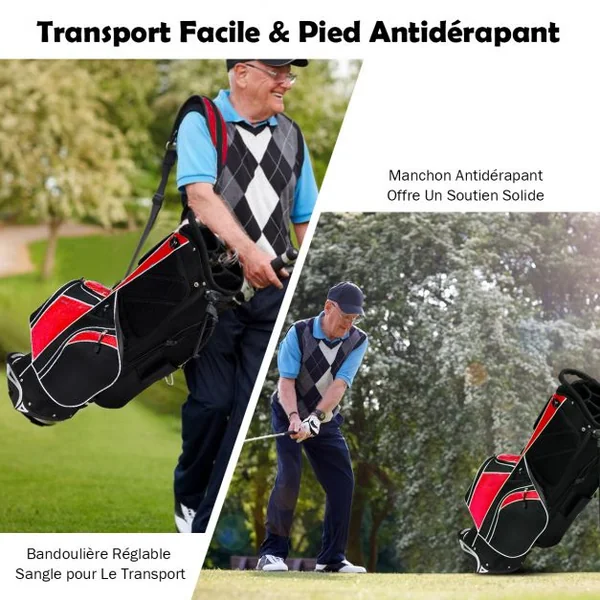 Sac de Golf Léger et Portable avec 5 Compartiments Poches Isothermes 7 Poches Bandoulière Porte-Ombrelle Noir et Rouge