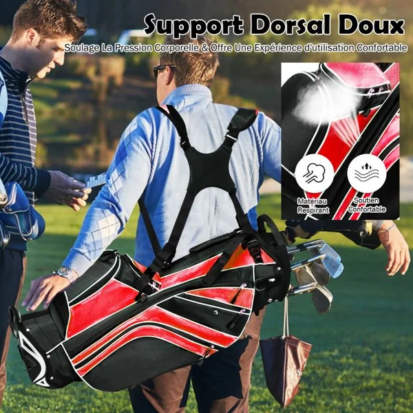 Sac de Golf Léger et Portable avec 5 Compartiments Poches Isothermes 7 Poches Bandoulière Porte-Ombrelle Noir et Rouge