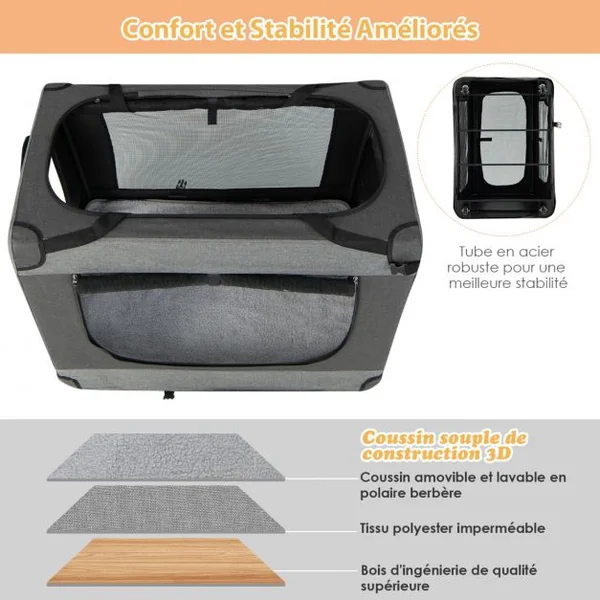 Sac de Transport pour Chien Chat Respirant Pliable à Roues avec 3 Entrées Bandoulière Coussin Amovible 82,5 x 59 x 67 cm Gris