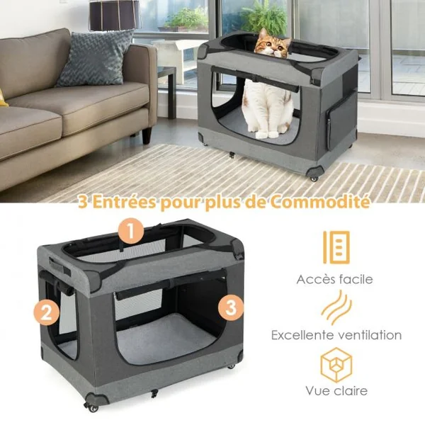 Sac de Transport pour Chien Chat Respirant Pliable à Roues avec 3 Entrées Bandoulière Coussin Amovible 82,5 x 59 x 67 cm Gris