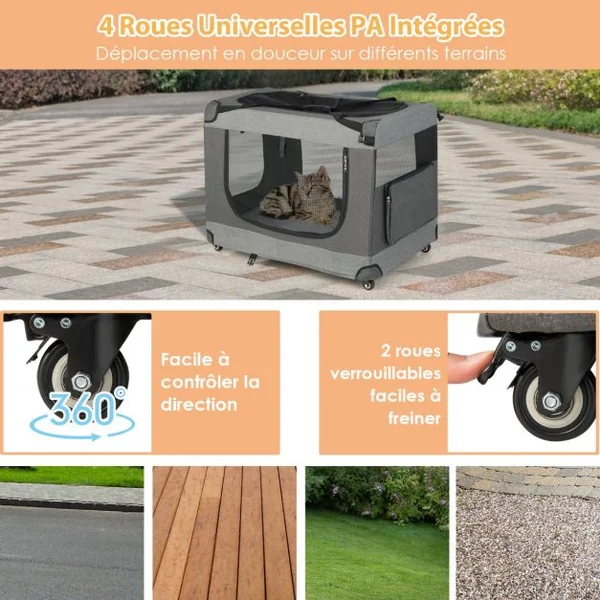Sac de Transport pour Chien Chat Respirant Pliable à Roues avec 3 Entrées Bandoulière Coussin Amovible 82,5 x 59 x 67 cm Gris