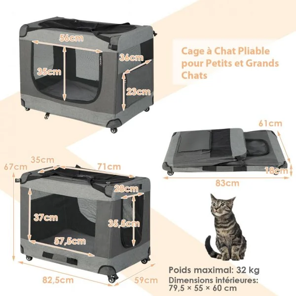 Sac de Transport pour Chien Chat Respirant Pliable à Roues avec 3 Entrées Bandoulière Coussin Amovible 82,5 x 59 x 67 cm Gris