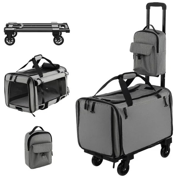 Sac de Transport à Roulettes pour Chien Chat Trolley Chariot pour Animaux avec Poignée Télescopique Coussin Amovible Gris