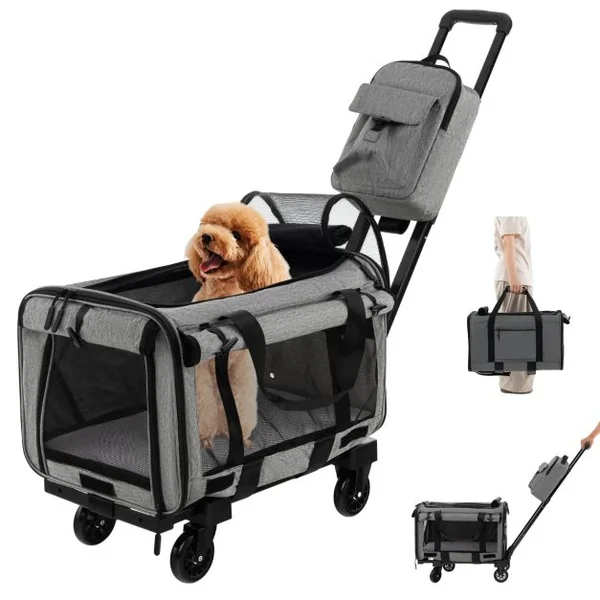 Sac de Transport à Roulettes pour Chien Chat Trolley Chariot pour Animaux avec Poignée Télescopique Coussin Amovible Gris