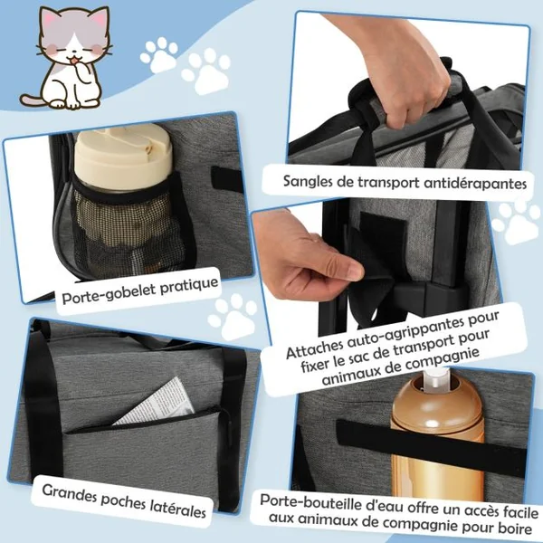 Sac de Transport à Roulettes pour Chien Chat Trolley Chariot pour Animaux avec Poignée Télescopique Coussin Amovible Gris
